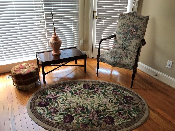 Rugs and Lamps for Sale, Vintage coffee table, ottoman, armchair