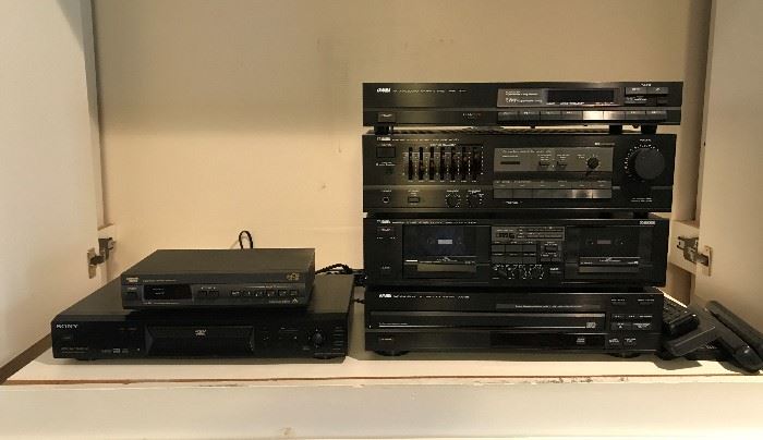 Sony CD, Sony DVD Player, Yamaha AM/FM Stereo Tuner, Yamaha amplifier, Yamaha double cassette deck, Yamaha CD changer