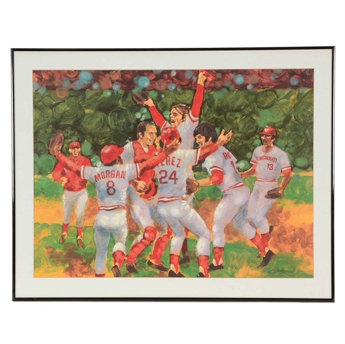 Clint Orlemann Print of Cincinnati Reds World Series Celebration: A colorful baseball offset lithograph that depicts the Cincinnati Reds at the moment they won the 1976 World Series after a work by Clint Orlemann. This professionally matted and framed baseball lithograph presents (HOF) Joe Morgan, (HOF) Johnny Bench, (HOF) Tony Perez, Pete Rose, David Concepcion, (HOF) Sparky Anderson and Will McEnaney. Clint signed in the lower left corner and numbered “842/1000” in pencil. Framed in black and matted in white, it is presented under plexiglass. There is a metal wire on the backside for mounting purposes. His signature has not been authenticated.