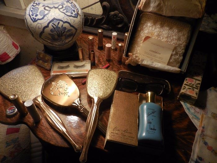 Vanity Items, Vintage Lipsticks, Eyelashes Maybelline, Straw purse in original box. never used.Perfume