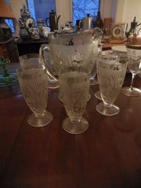 Vintage Pressed Glass Lemonade Pitcher/6 Tall Glasses