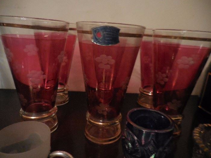 Vintage Cristella Cranberry Gold Glasses, Made in Italy
