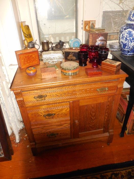 Antique Oak Wash Stand, Various Vintage boxes