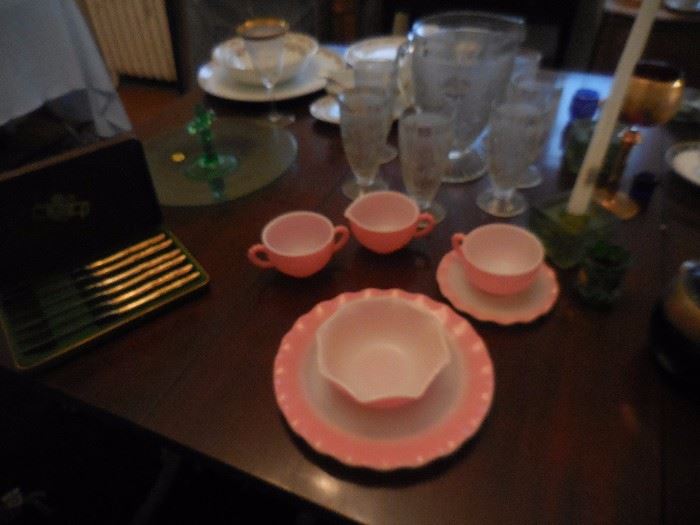 Hazel Atlas Glass, Opaque Luncheon Set, NRFB, Ripple 4 Piece Place Setting with Creamer/Sugar