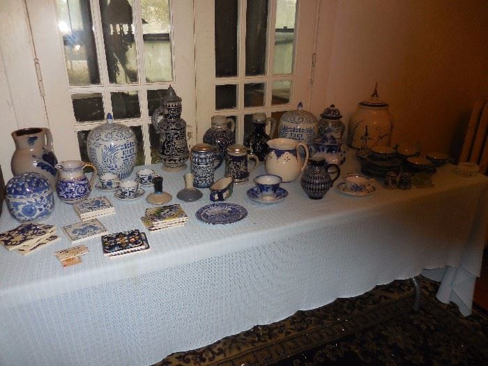 Vintage Pottery, Tankards, Tiles, Cup/Saucers. Blue White
