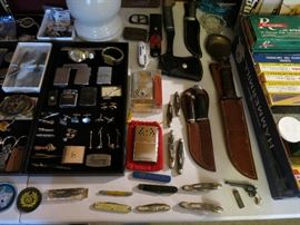 Zippo and Ronson Lighters, Pocket knives, K Bar USMC Knife in excellent shape plus more!