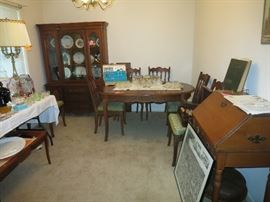 Bassett Table, 6 Chairs With 3 Leaves, China Cabinet