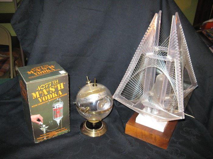 Mash Vodka dispenser,new in box.  Sputnik clock.  String art lamp