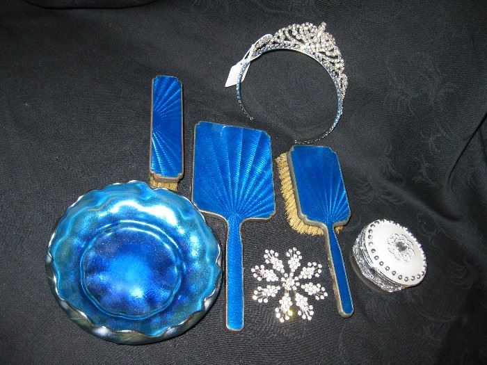 Lovely vanity items.  Tiffany Blue FAVRILE bowl, Vintage Costume Jewelry