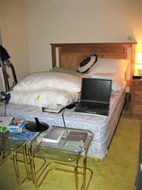 bedroom set, mattress box springs, Gold Tone and Glass Snack Tables, lap top computer, pillows