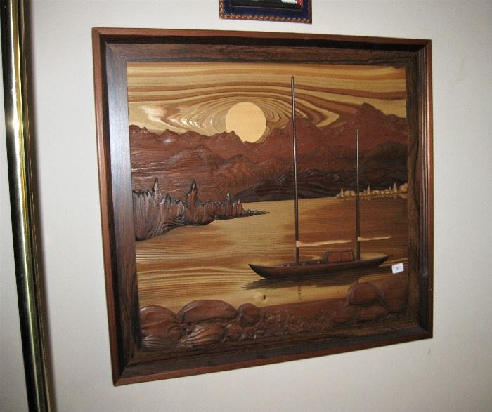 Carved and Inlaid Wood Wall Décor (Sailboat Water Scene)