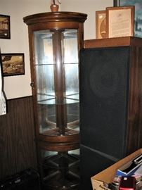 Nice Corner Curio Cabinet, Large Stereo Speakers, Wood Inlay Pictures, etc.