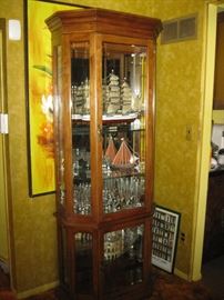 Octagon Shaped Lighted Curio Cabinet, Sailing Ship Models and Bar Stemware