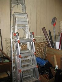 Assorted Aluminum Ladders, Lawn & Garden Tools, Luggage Rack for Auto, Large Heavy Duty Vise, etc.