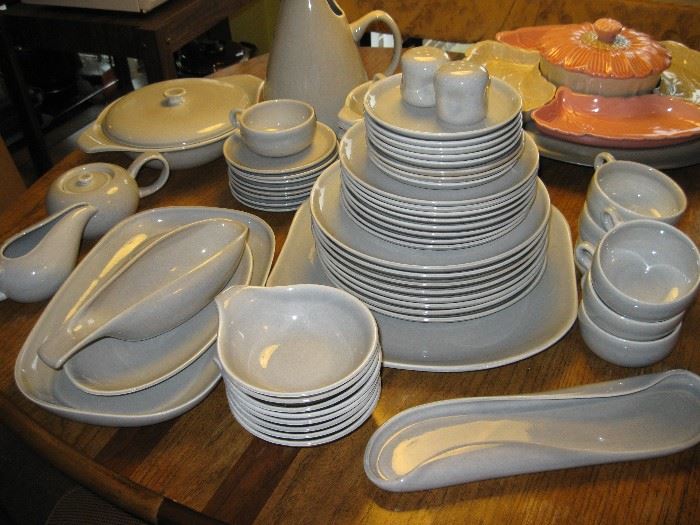 Very Retro Russell Wright Grey Ceramic China Dish Set, Extra Matching Serving Bowls, Gravy Boat, etc.