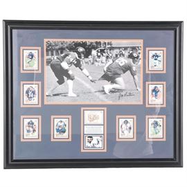 Walter Payton Football Card Display With Photographer-Signed "Pantsing" Photo: A framed display featuring football player Walter Payton. This framed and matted display includes ten Upper Deck Football Heroes Walter Payton cards arranged around a large black-and-white photo of Payton; a caption box below the image reads, “Walter Payton / NFL’s Legendary Prankster Caught ‘Pantsing’ Matt Suhey During a March 1985 Mini-Practice at Halas Hall in Lake Forest, Illinois by Photographer Jim Maentanis”. “Jim Maentanis” is signed in black marker in the lower right of the “pantsing” photo, and the display is presented in a wooden frame with a hanging wire.