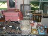 Antique doll trunk, doll and clothes, ice skates, salesman sample dresser, chalk boards