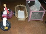 Micket Mouse riding toy, wicker doll bed and antique homemade doll bed