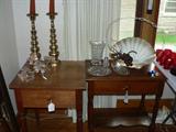 brass candlesticks, American Fostoria, glass flowers, antique side or end tables