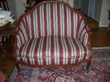 Lous XV love seat. Orginial framing with upholstry redone. H: 42"; D: 33"; L: 45"