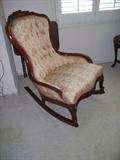 Victorian Floral White and pink print apolster rocking chair with no arms; H: 37"; D: 18"; L: 23"