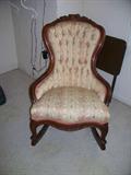 Victorian Floral White and pink print apolster rocking chair with no arms; H: 37"; D: 18"; L: 23"