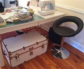 Sewing Table, Machine & Sewing Items.  Crafts, Wax, Soap Making & More.  White Trunk.