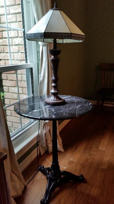 Brass and marble table; art deco brass and glass lamp