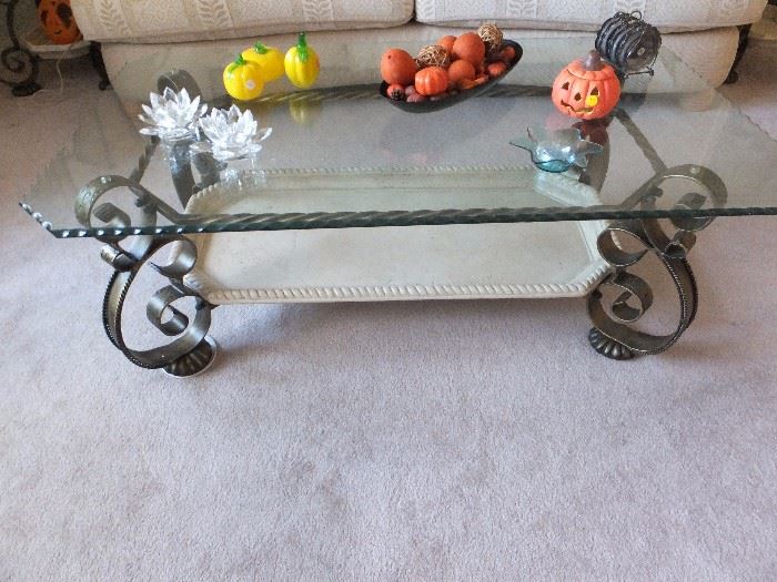 glass top, metal base coffee table with lower tray