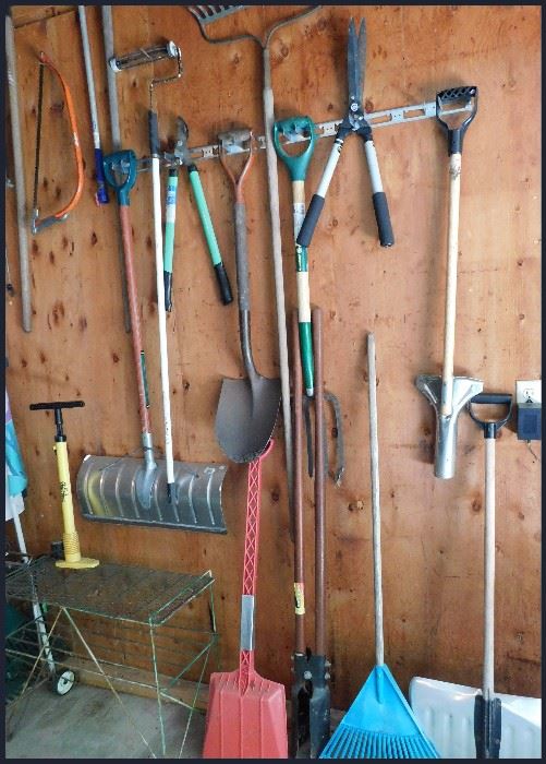 Yard and Garden tools including snow shovel, rakes, spade, trimmers, tree saws and more