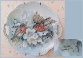 Hand painted birds and flowers porcelain plate by Minnesota Artist, Thelma Granquist
