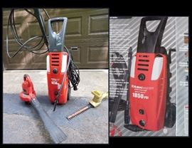 Taskmaster heavy duty 1851 PSI pressure washer system plus 13 inch trimmer and Craftsman electric leaf blower