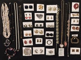 Vintage costume jewelry including Monet, Kramer of New York, Napier, Warner and more. Also a Hampden Pendant watch