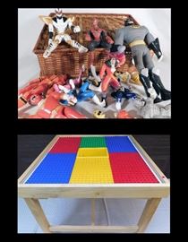 Children's action figures and wooden Legos table
