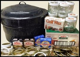 Canner and canning supplies like lids, wax, jars, etc.