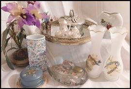 Collectibles porcelain miniature tea set, handpainted glass, bird, vases and more