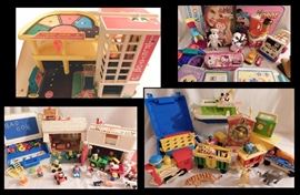 Fisher Price toys including Parking Ramp, Family Farm School House, Circus Train, Teaching Clock plus SIFP milk wagon, Hello Kitty and more toys