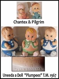 Rubber dolls including three Plumpees and two Chantex and Pilgrim