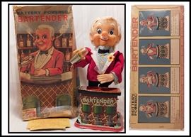 Rosko battery powered tin bartender with box. Made in Japan in the 1950's or 60's