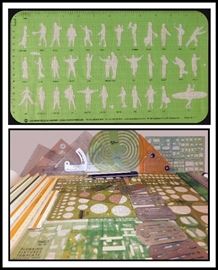  Vintage drafting supplies: including templates for civil engineer radial guide, plumbing fixtures and the most interesting Sussman scale figures templates with names
