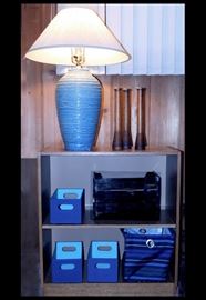 Antique wood mill spools, pottery lamp, shelves and organizers