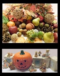 Fall decorations including wooden fruit and vines plus autumn and Halloween Cherished Teddies