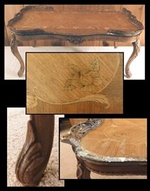 You need a Restoration Project !  Louis XV era like carved table with rose design and gorgeous parquet inlay top. 