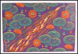  Original Asian silk screen of ducks swimming upstream through lotus blossoms and pads. Unframed. Artist unknown, but it is signed. Stunning !