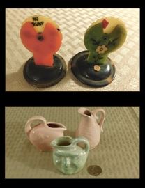 Two bridge card playing celluloid and bakelite table suit reminders and miniature collectible pitchers