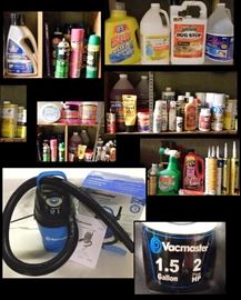 Small Vacmaster wet and dry vacuum and shelves of cleaning,  wood products  and more