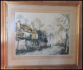 Paul Emile Lecomte (1877-1950) original aquatint signed and framed lithograph. From the Paris Etching Society (1930-40's) "Vieux Logis en Borgogne" translating to "Old House in Burgundy."  This is a limited edition lithograph and not a modern print.