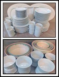 76 pieces of white dinnerware including cups, saucers, soup bowls and additionally platters, ramekins, custard bowls, nesting and mixing bowls