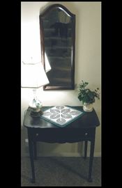 Black table 30 inches wide, 30 inches tall, 18 inches deep plus mirror
