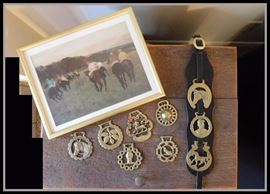 Brass tack medallions for bridle or saddle purchased in England plus 11 inch by 15 inch framed print of "Racehorses at Longchamp " by Edgar Degas